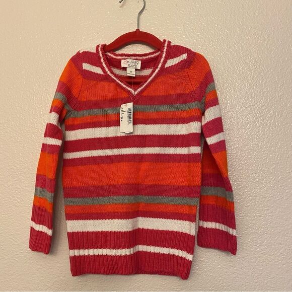 The Children place hot pink orange stripe V neck sweater XS 4 NEW - Picture 1 of 6
